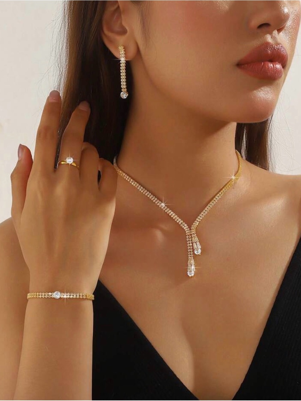 Elegant Gold Crystal Drop Necklace and Earring Set - Women Jewelry